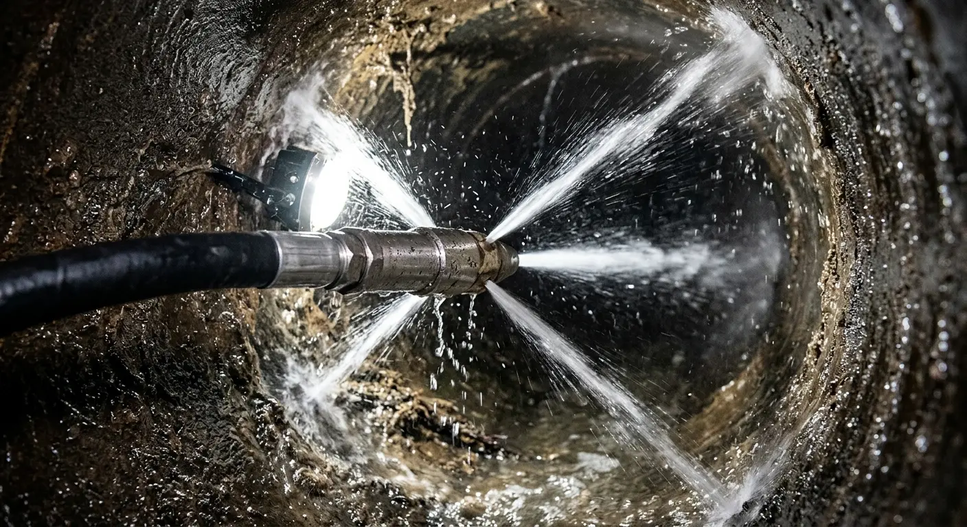 High-pressure hydro jetting nozzle cleaning sewer pipe for Trenchless Sewer Repair in Santa Teresa