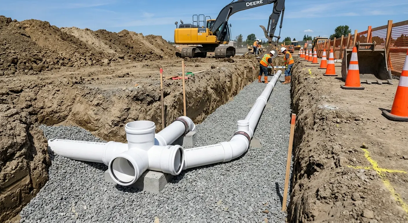 New PVC sewer pipe installation in open trench for Grease Trap Cleaning in Santa Teresa