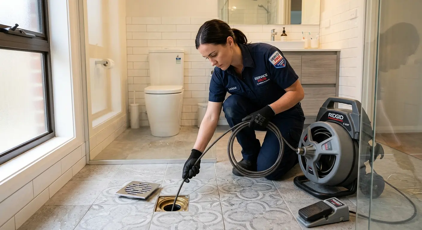 Technician clearing a bathroom floor drain for Clogged Drain Repair in Santa Teresa